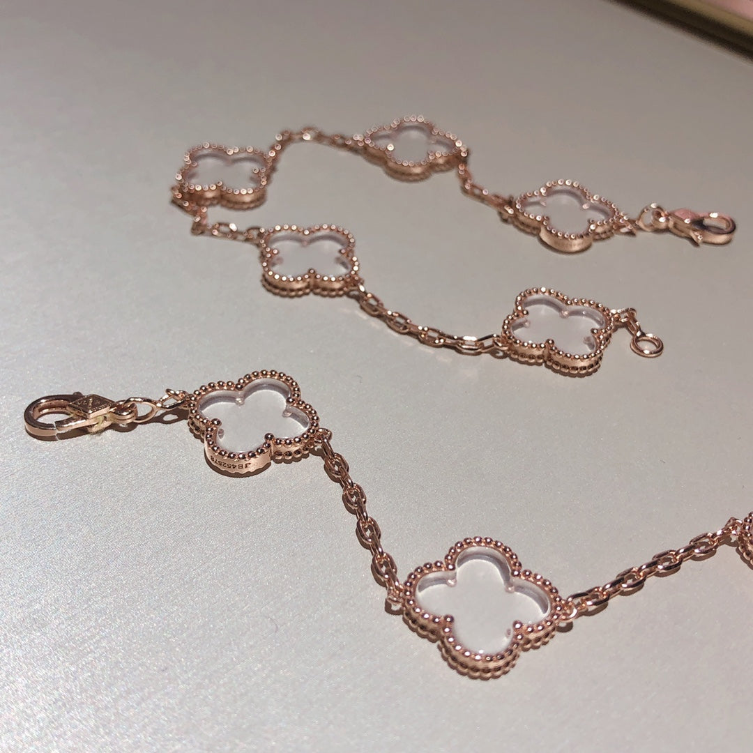 [AuraEcho]CLOVER 5 MOTIF ROCK CRYSTAL PINK GOLD BRACELET
