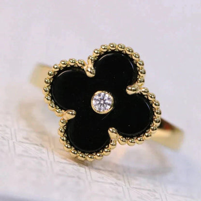 [AuraEcho]CLOVER ONYX RING GOLD DIAMOND