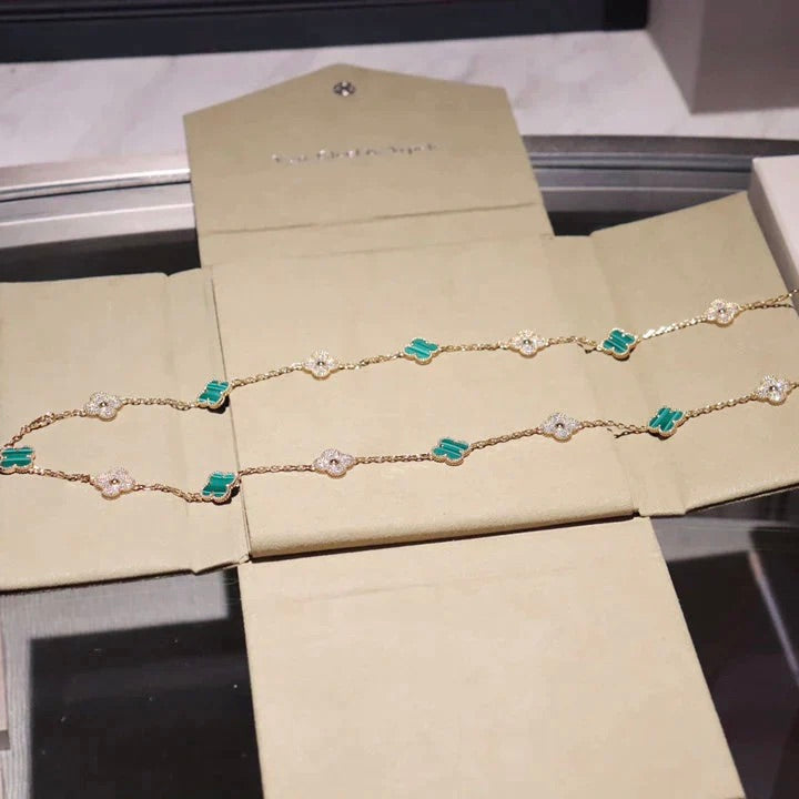 [AuraEcho]CLOVER 20 MOTIFS MALACHITE DIAMOND NECKLACE
