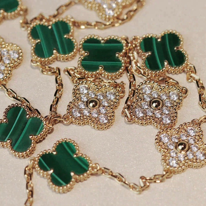 [AuraEcho]CLOVER 20 MOTIFS MALACHITE DIAMOND NECKLACE