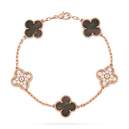 [AuraEcho]CLOVER 5 MOTIFS DARK MOP AND DIAMONDS PINK GOLD BRACELET