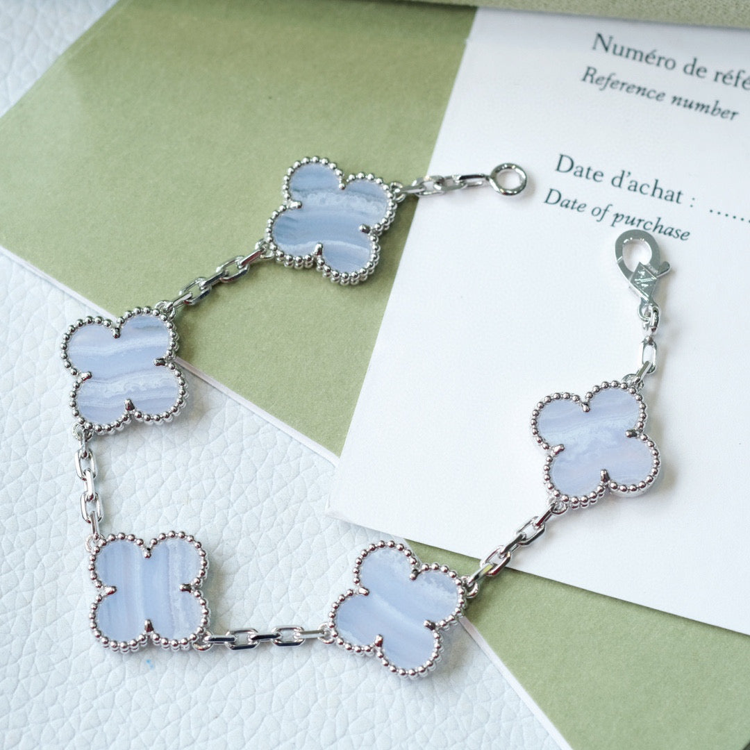 [AuraEcho]CLOVER  5 MOTIF PURPLE CHALCEDONY BRACELET SILVER